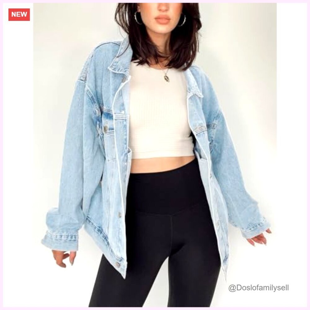 Oversized Denim Jacket Long Sleeve Button Down Trucker Shacket Women's - Picture 6 of 7